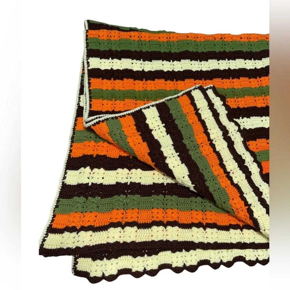 Vintage 70s Striped Granny Afghan Crochet Blanket Bedspread 76” X 61 “Throw